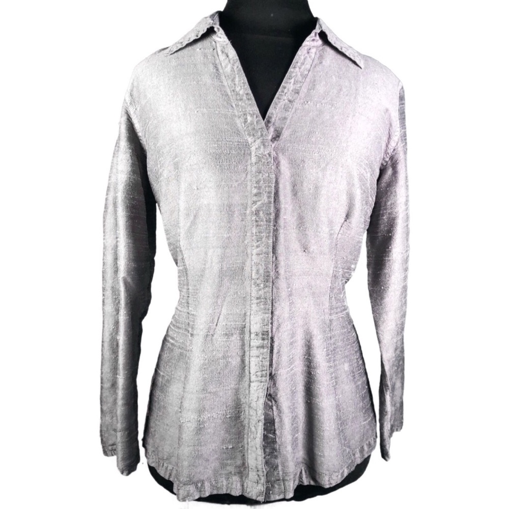 TravelSmith Silver Silk Shantung Button Up Blouse